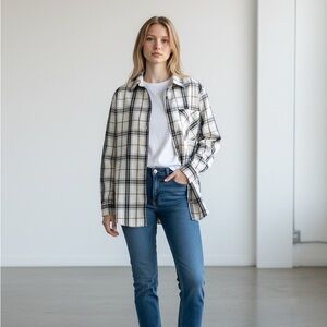 Plaid Button-Up Shirt cream Black Button Up Top SZ M NWOT